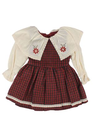 Kız Çocuk Ekru Kırmızı Ekose Desenli Yakalı Fistolu Çicek Nakışlı Elbise