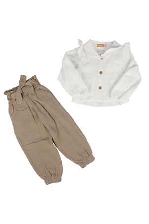 Kız Çocuk Beyaz Kahve Müslin Pantolonlu Yakalı 2'li Takım