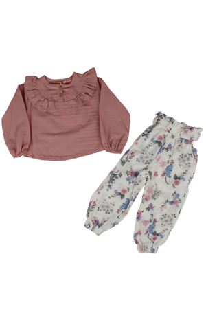 Kız Çocuk Somon Beyaz Çiçekli Pantolonlu Fırfırlı Müslin 2'li Takım