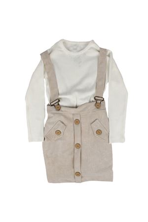 Kız Çocuk Ekru Gri Fitilli Badili Salopet Elbise