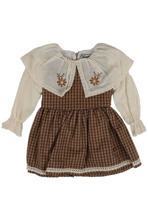 Kız Çocuk Ekru Kahve Ekose Desenli Yakalı Fistolu Çicek Nakışlı Elbise