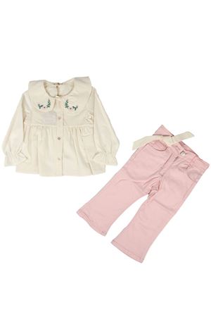 Kız Çocuk Ekru Pembe Bebe Yakalı Çiçek Nakışlı 2'li Takım