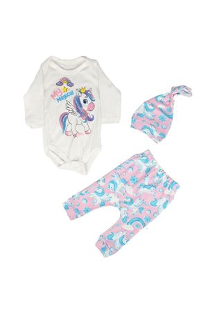 Kız Bebek Beyaz Pembe Unicorn Desenli Zıbın 3'lü Takım