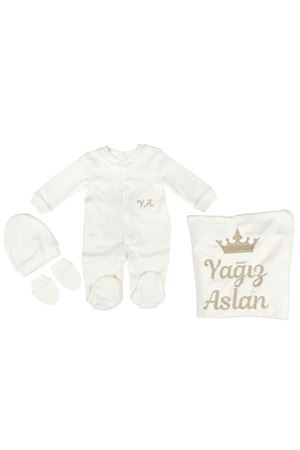 İsme Özel Kahve Taç Nakışlı Bereli Eldivenli Tulum + Battaniye