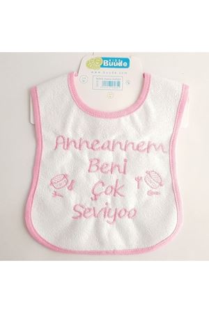 Pembe Anneannem Beni Çok Seviyor Yazılı Su Geçirmez Kız Bebek Önlüğü