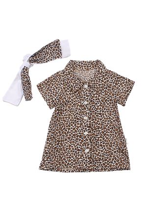 Kız Çocuk Kahve Leopar Desenli Tokalı Yakalı Gömlek Elbise