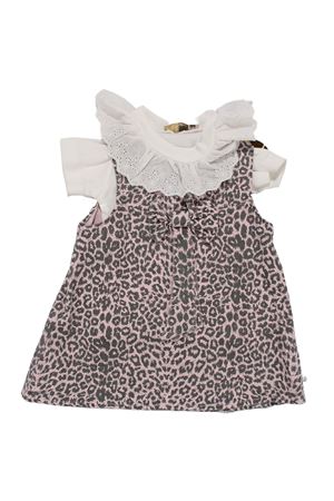 Kız Çocuk Beyaz Pembe Leopar Desenli Tek Fiyonklu Kot Elbise