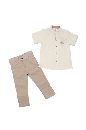 Erkek Çocuk Ekru Bej Palmiye Desenli Hakim Yaka Müslin Gömlek 2'li takım
