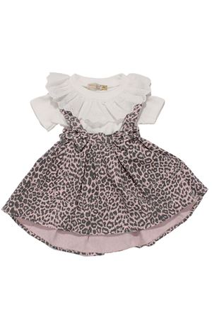 Kız Çocuk Beyaz Pembe Leopar Desenli Fiyonklu Kot Salopet Jile Elbise