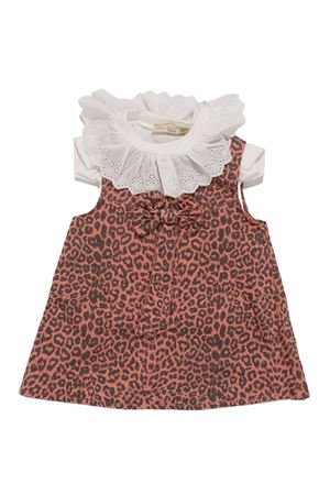 Kız Çocuk Beyaz Kiremit Leopar Desenli Tek Fiyonklu Kot Elbise