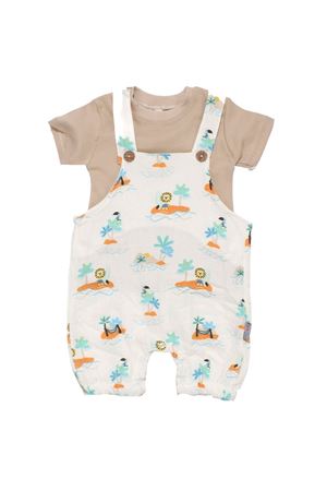 Erkek Bebek Bej Ekru Palmiye Aslan Desenli Tişörtlü Müslin Salopetli Takım