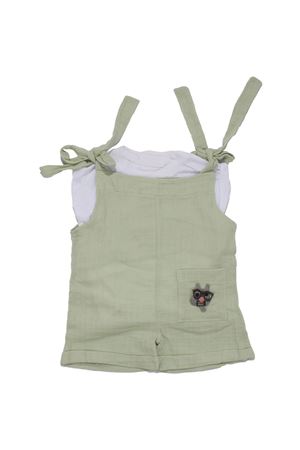 Kız Bebek Yeşil Beyaz Tişörtlü Müslin Omuzdan Bağlamalı Salopet Tulum Takım