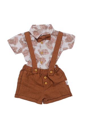Erkek Bebek Kiremit Yaprak Desenli Papyonlu Gömlekli Salopet Takım