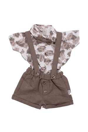 Erkek Bebek Kahve Yaprak Desenli Papyonlu Gömlekli Salopet Takım