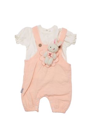 Kız Bebek Beyaz Somon Cepli Tavşan Oyuncaklı Tişörtlü Müslin Salopetli Takım