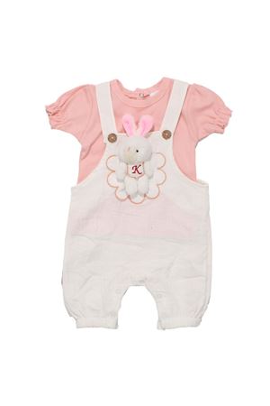 Kız Bebek Beyaz Pembe Cepli Tavşan Oyuncaklı Tişörtlü Müslin Salopetli Takım