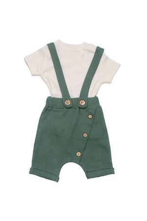 Erkek Bebek Yeşil Waffle Kumaş Beyaz Tişörtlü Salopetli Tulum Takım