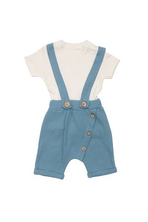 Erkek Bebek Mavi Waffle Kumaş Beyaz Tişörtlü Salopetli Tulum Takım