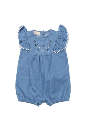 Kız Bebek Mavi Çiçek Nakışlı Fırfırlı Fistolu Nakışlı Kot Tulum