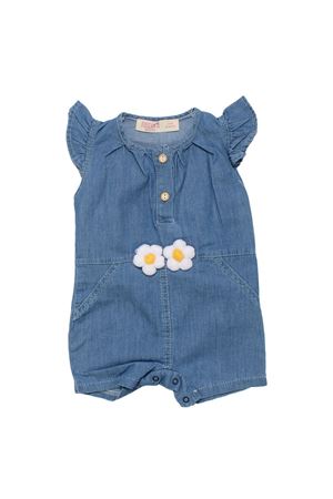 Kız Bebek Mavi Papatyalı Düğmeli Kolları Fırfırlı Kot Tulum