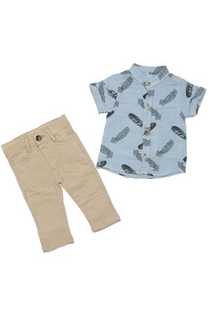Erkek Bebek Mavi Bej Müslin Tüy Desenli Gömlekli 2'li Takım