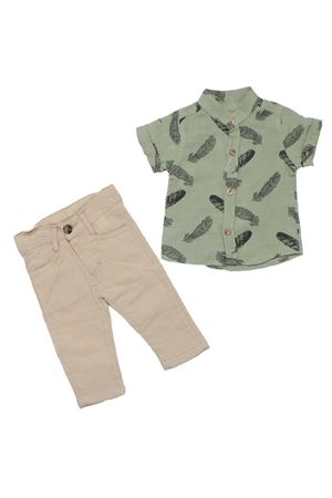 Erkek Bebek Yeşil Bej Müslin Tüy Desenli Gömlekli 2'li Takım