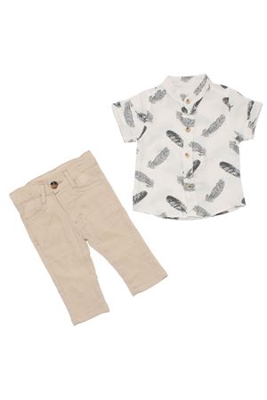 Erkek Bebek Ekru Bej Müslin Tüy Desenli Gömlekli 2'li Takım