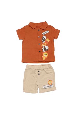 Erkek Bebek Turuncu Bej Hayvanlı Desenli Müslin Gömlekli 2'li Takım