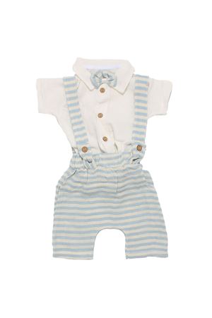 Erkek Bebek Ekru Mavi Çizgili Müslin Papyonlu Gömlekli Salopet Takım
