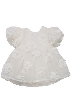 Kız Çocuk Ekru Gül Motifli Arkası Fiyonku Elbise