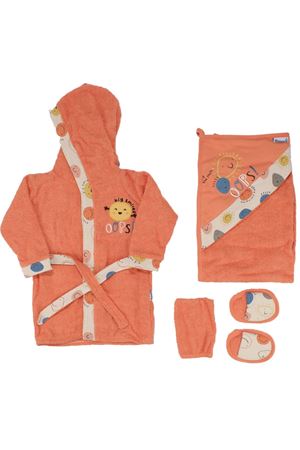 Erkek Çocuk Turuncu Ops Yazılı Güneşli Desenli 5 Parça Havlu Bornoz Set