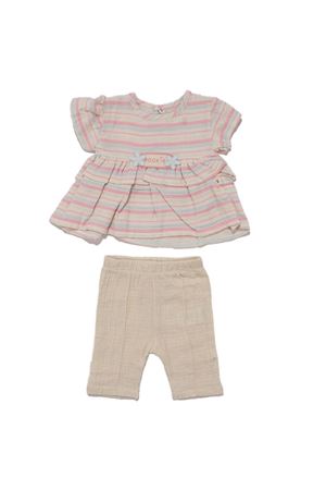 Kız Bebek Ekru Pembe Müslin Renkli Çizgili Çicekli Fırfırlı 2'li Takım