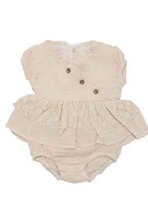Kız Bebek Ekru Müslin Belden Fırfırlı Lastikli Düğmeli Külotlu Zıbın Tulum