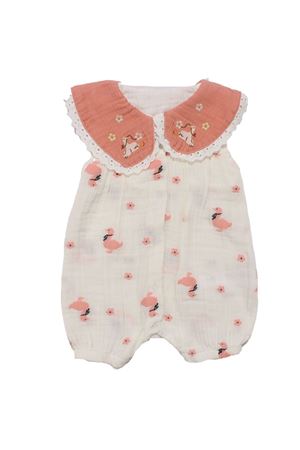 Kız Bebek Ekru Somon Müslin Ördekli Çicekli Desenli Yakalı Tulum