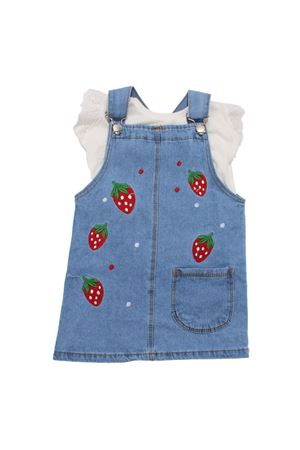 Kız Çocuk Ekru Mavi Çilek Desenli Kot Salopet Takım