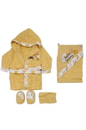 Kız Çocuk Sarı Tavşan Nakışlı Desenli 5 Parça Havlu Bornoz Set