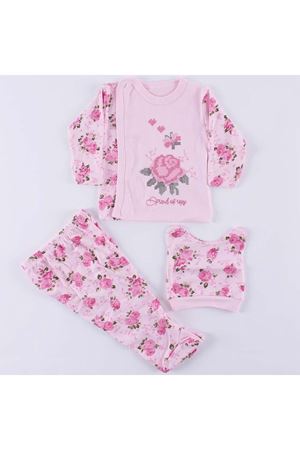 Kız Bebek Pembe Güllü Kanaviçe Nakışlı 3'lü Pijama Takımı