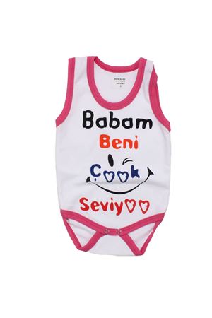 Kız Bebek Beyaz Fuşya Biyeli Babam Beni Seviyor Yazılı Askılı Zıbın