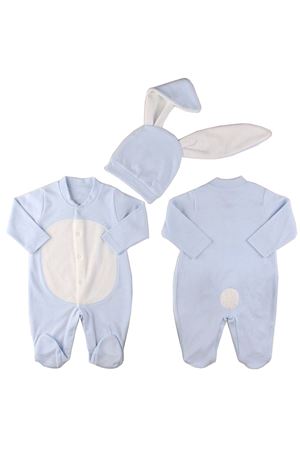 Beyaz Ponponlu Şapkalı Mavi Tavşan Tulum