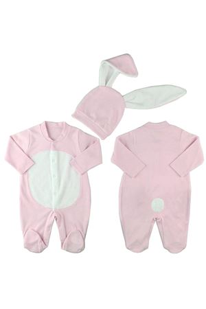 Beyaz Ponponlu Şapkalı Pembe Tavşan Tulum