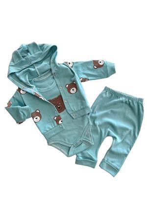 Su Yeşili Ayıcık Baskılı Bebek Hırkalı 3'lü Takım