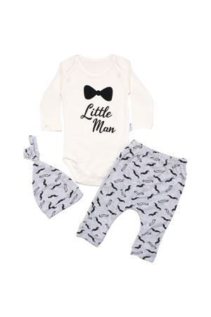 Erkek Bebek Ekru Gri Little Man Yazılı Bıyık Desenli 3'lü Takım