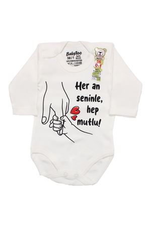 Unisex Beyaz Her An Seninle Hep Mutlu Baskılı Uzun Kollu Zıbın