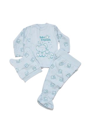 Erkek Bebek Mavi Fil Baskılı Çıt Çıtlı 3'lü Pijama Takımı 0-3 Ay