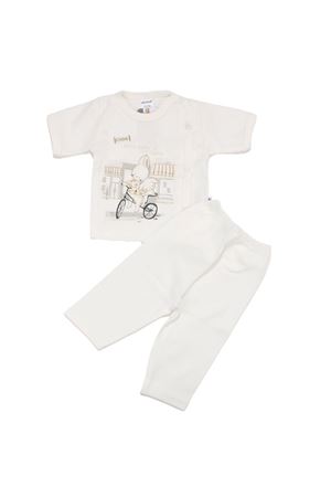 Unısex Ekru Bisikletli Tavşan Baskılı Pijama Takımı 0-3 Ay