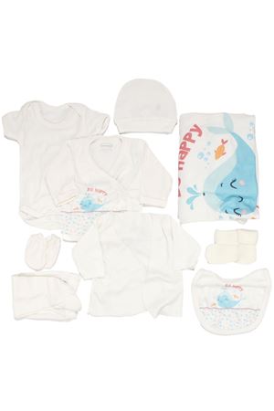 Unisex Ekru Mavi Mutlu Balina Desenli 10 Parça Hastane Çıkışı