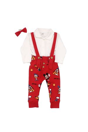 Erkek Bebek Kırmızı Köpek Ve fare Baskılı Salopet Badili Tulum