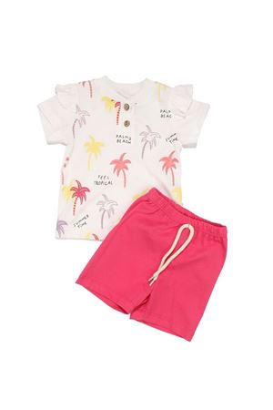 Kız Bebek Beyaz Fuşya Renkli Palmiye Desenli Şortlu 2'li Takım