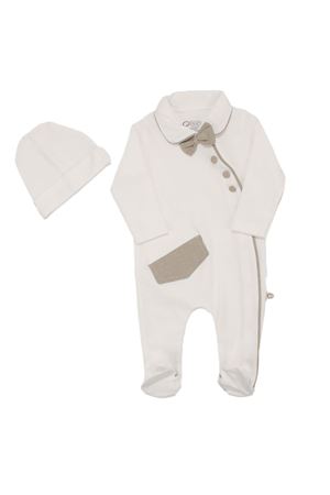 Erkek Bebek Ekru Kahve Şeritli Papyonlu Yandan Çıtçıtlı Bereli  Lüks Tulum