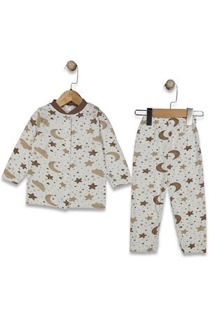 Unisex Beyaz Kahve Ay Yıldız Desenli Çıtçıtlı Pijama Takımı